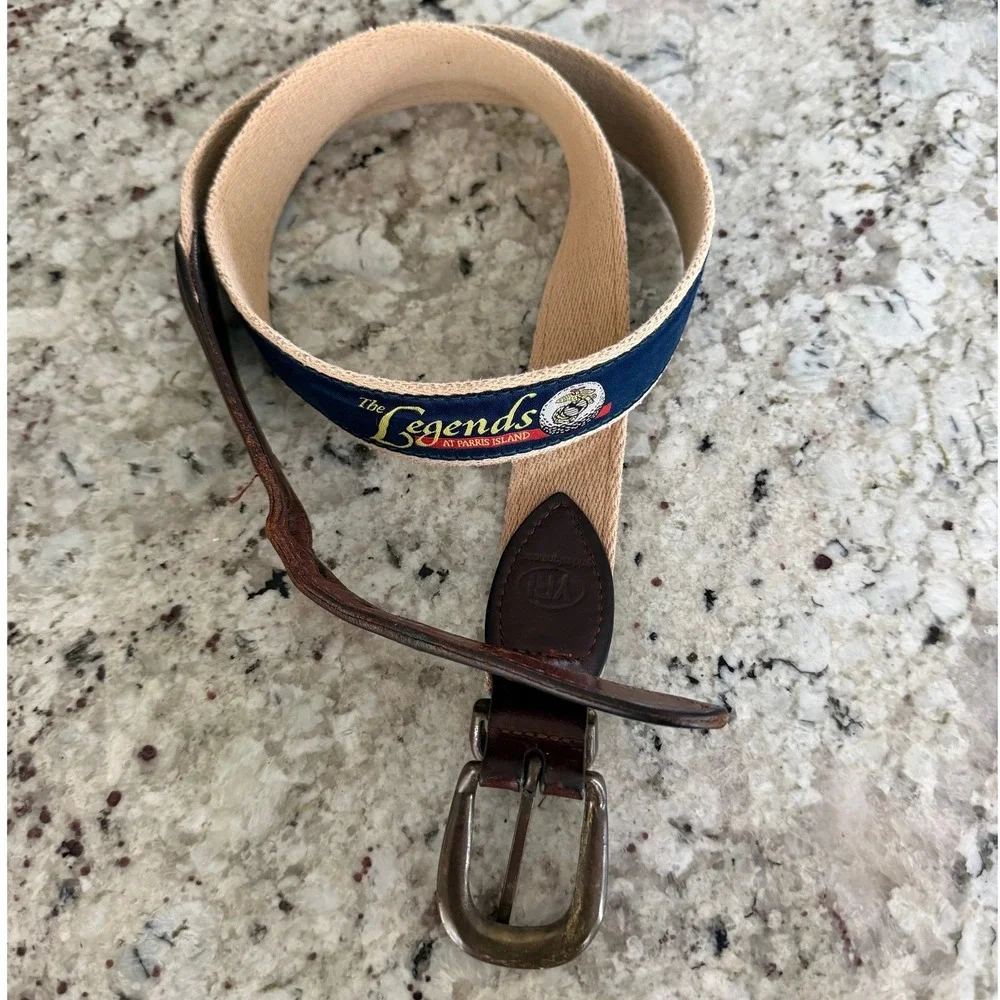 YRI Designs The Legends at Parris Island Golf Belt USMC Navy Tan Leather Size 36